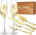 Wedding Cake Knife and Server Set, Gold Mr and Mrs Champagne Flutes and Cake Cutting Set for Wedding Bridal Shower Gifts (Gold)