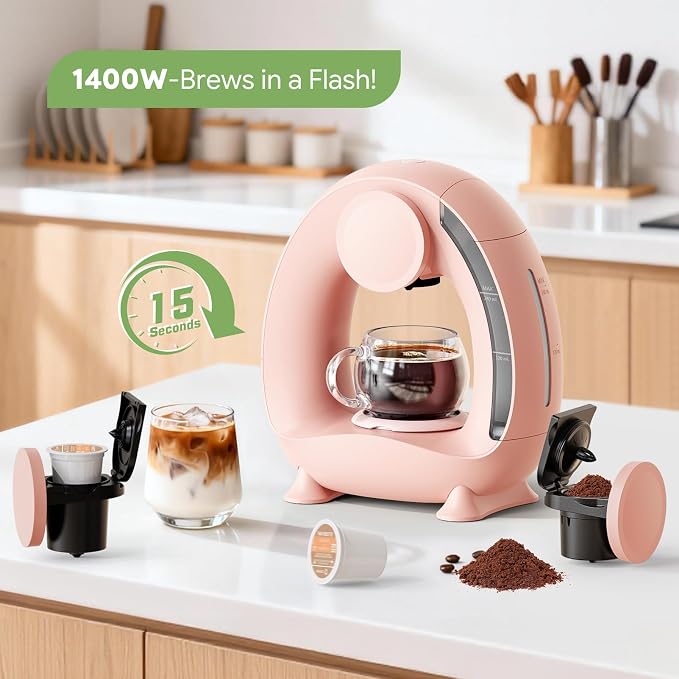 Single Serve Coffee Maker 2 in 1, 1400W Fast Brewer for K-Cup Pods & Ground Coffee, One-Touch Americano & Tea Machine with 2 Reusable Filters, Compact Design for Home Office RV Dorm