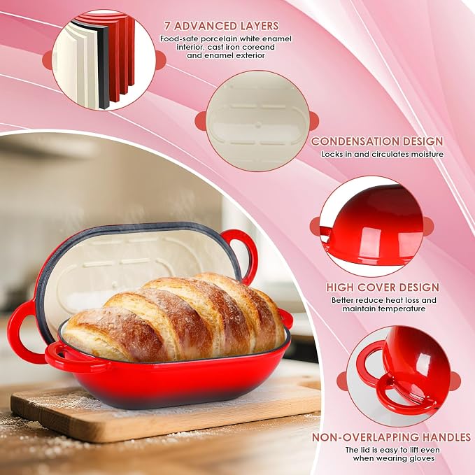LIFERUN 2.5qt Enameled Cast Iron Dutch Oven for Sourdough Bread Baking, Oven Safe Dutch Oven Pot with Lid, Non-Stick Bread Oven Pot, Red
