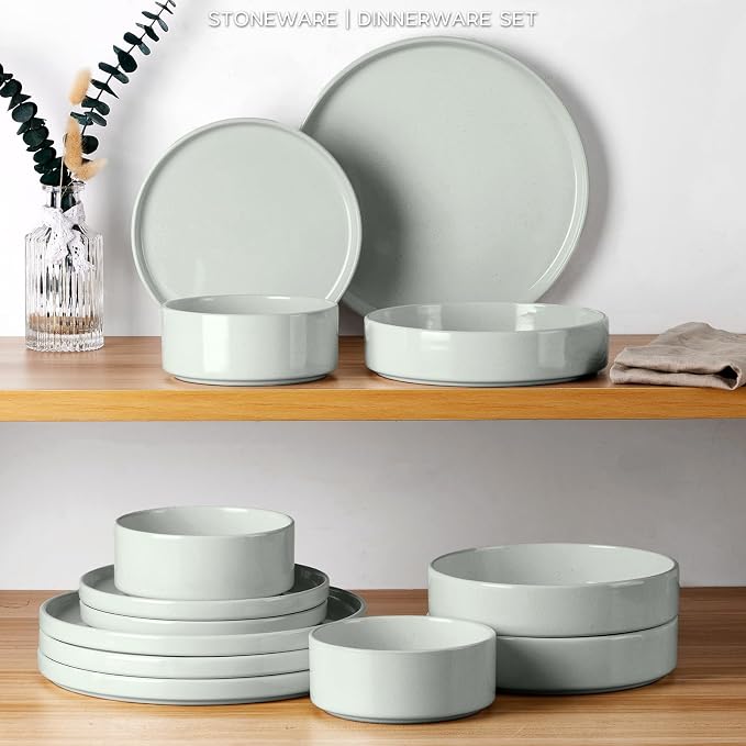 Onader Stoneware Dinnerware Sets for 6 with Double Bowl, 24 Piece Plates and Bowls Dish Dinner Set, Speckled Kitchen Dishware Tableware – Pale Sage Green