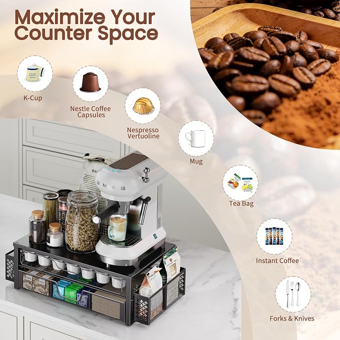 Ekisemio 2-Tier K Cup Organizer with Sliding Drawer & Side Baskets, Black | 63 K-Cups or 83 Capsules| Sliding Drawers | Side Baskets | Sturdy Metal Frame | Tool-Free Assembly | Space Saving | Black