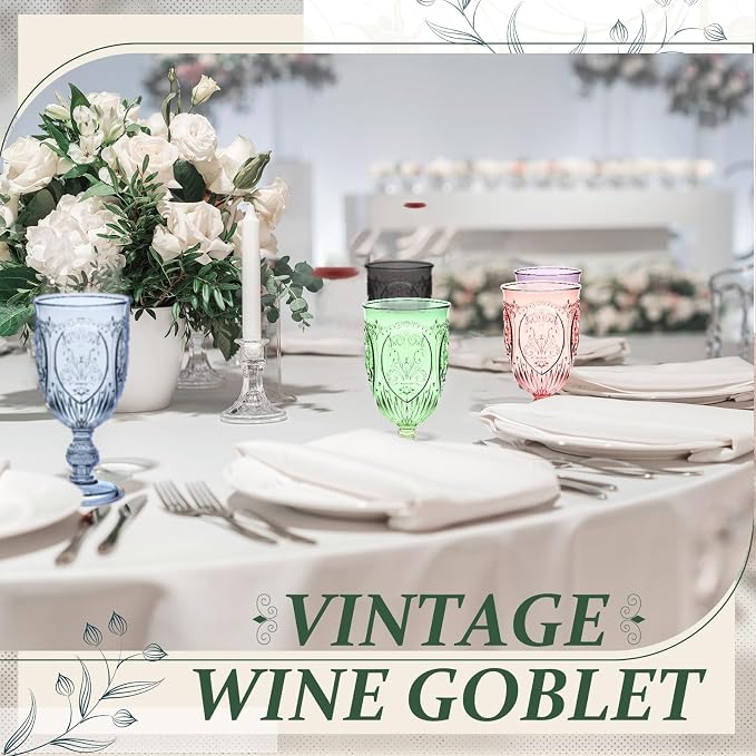 Wiwiqing 6 Pcs Plastic Goblets 7.5oz Vintage Goblet Plastic Wine Glasses Colored Retro Embossed Water Goblets for Wine Bar Juice Baby Shower Wedding Reception Grand Event Party (Multicolor)