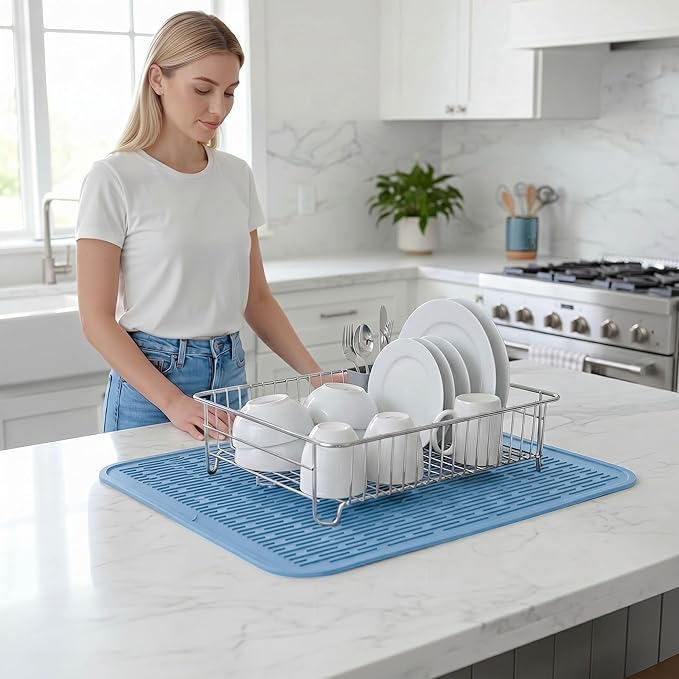 MicoYang Silicone Dish Drying Mat for Multiple Usage,Easy clean,Eco-friendly,Heat-resistant Silicone Mat for Kitchen Counter or Sink,Refrigerator or Drawer Liner Light Blue 2XL 24 inches x 18 inches