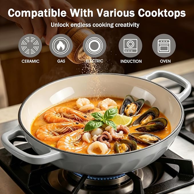 Enameled Cast Iron Dutch Oven, 3.8 Quart Dutch Oven Pot with Lid, Shallow Cast Iron Braiser with Handles, Oven Safe up to 500°F (Gray)