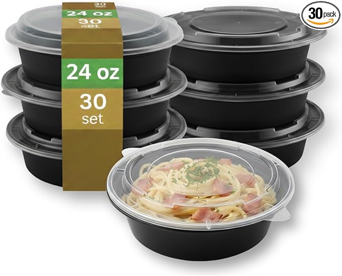 [24 oz Round Meal Prep Containers with Lids – BPA-Free Food Storage Containers, Bento Box for Restaurant & Catering Use, Stackable, Microwave, Dishwasher, Freezer Safe – 30 Pack