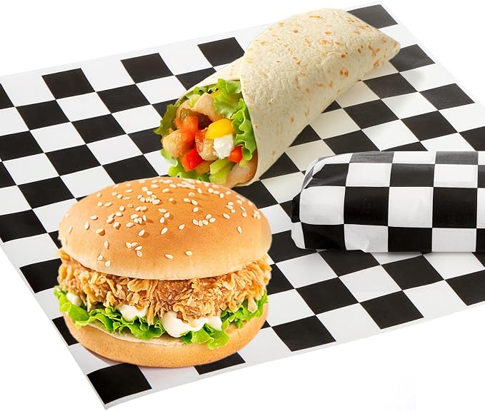 Fasmov 1000 Sheets 12 x 12 inches Sandwich Paper Deli Basket Liner Wrap Food Basket Liners Wrapping Checkered Sheets, Black & White