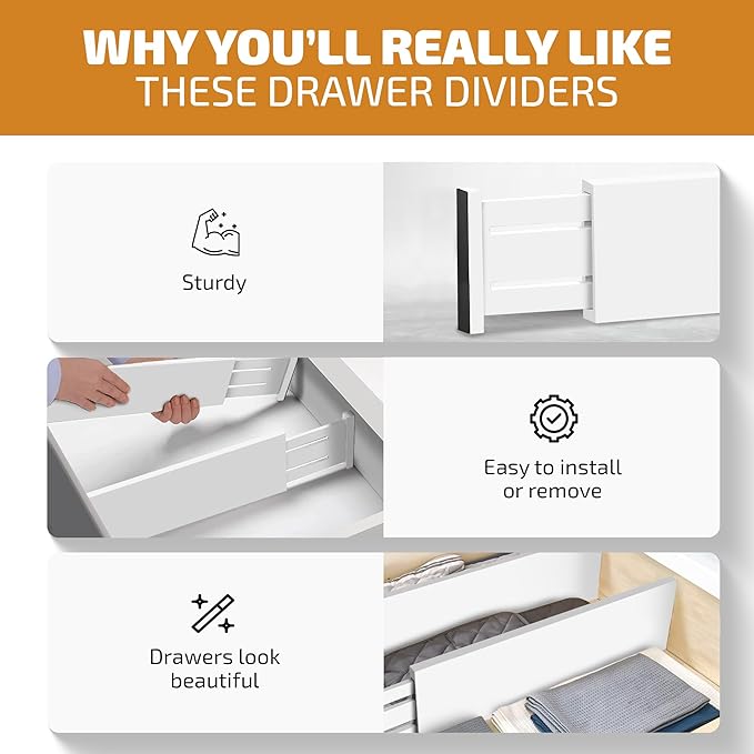 6-Pack Drawer Dividers 6 Inch High, 11”-17" Adjustable Bamboo Organizers Large Expandable Drawer Separators for Cloths, Dresser, Bedroom, Bathroom, Baby Drawer, Office & Kitchen Utensils (White)