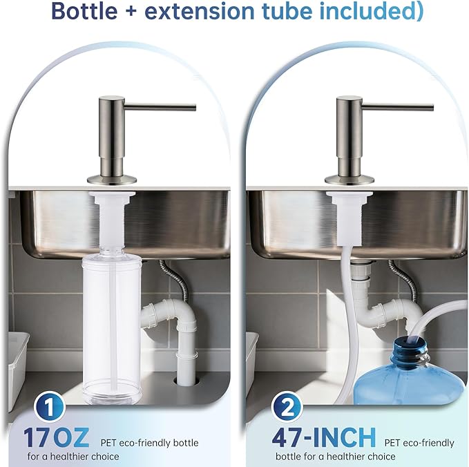 Avola Kitchen Sink Soap Dispenser, Solid Brass Pump with 47" Food-Grade Silicone Extension Tube & 17oz PET Bottle,in or Under Sink Installation, Brushed Nickel, Anti-Reflux Built in Soap Dispensers