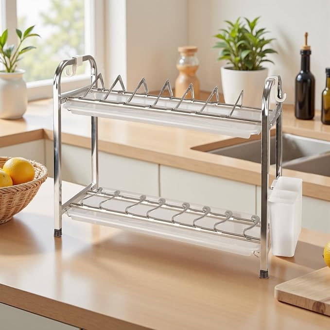 Dish Drying Racks,2 Titers Stainless Steel Dish Racks for Narrow Kitchen Counter,Dishwashing Rack with Adjustable Bowl and Plate Clips for Small RVs,17.9''D x 7.24''W x 14.96''H
