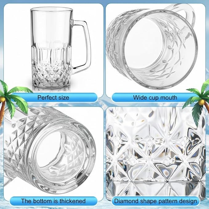 Reallnaive 20 Pack 18 oz Beer Mugs for Oktoberfest Freezer Glass Beer with Handles Mugs Steins German Large Heavy Cups for Men Drinking Gifts (Diamond Style)