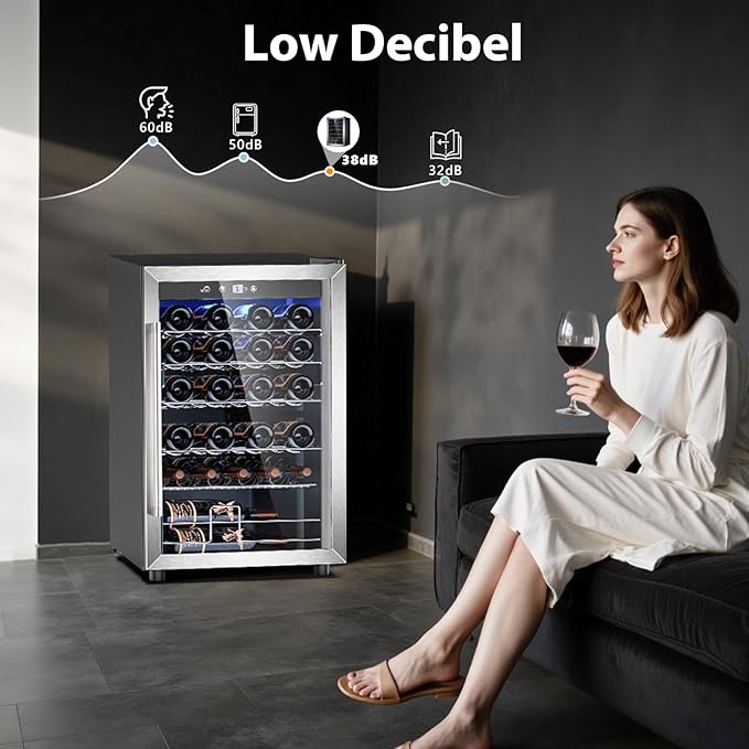 Electactic 4.4 Cu.ft Wine Cooler Refrigerator, 37 Bottle Freestanding Cabinet Wine Cellars, Wine Fridge with Glass Door for Home Use, Protecting Your Reds, Silver
