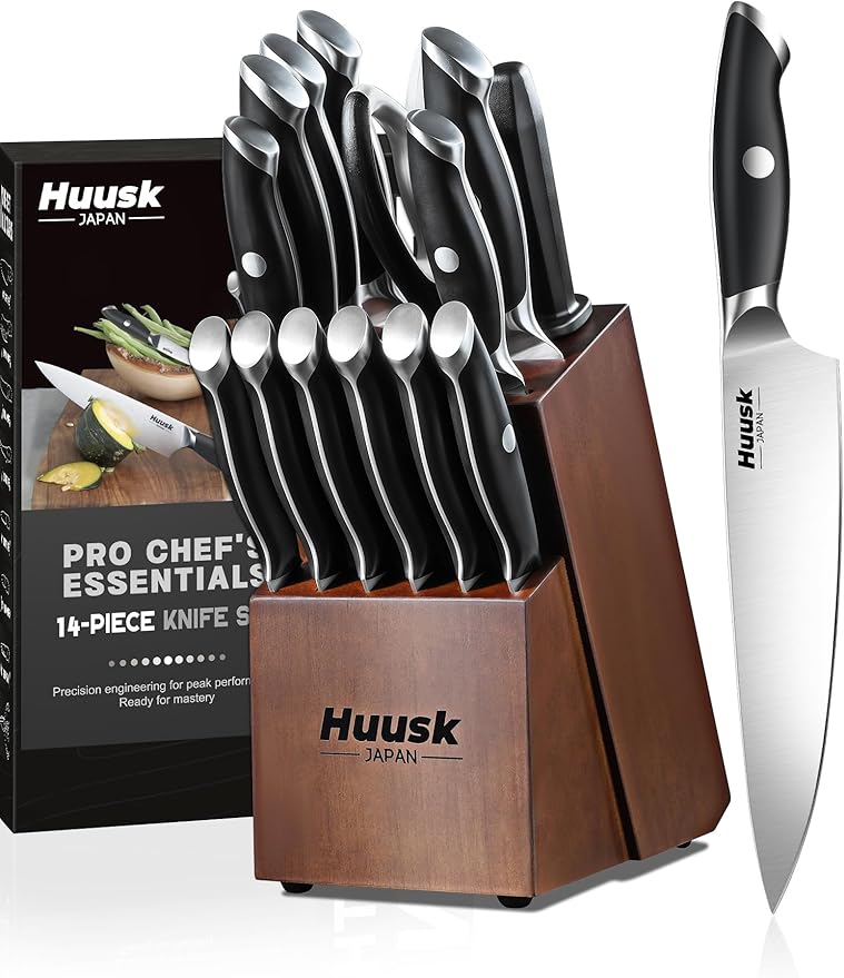 Huusk Knife Block Set - 14 Pieces Full Tang Japanese Kitchen Knives with Long-Lasting Edge & Natural Acacia Wood Block Ergonomic Knife Set as Elegant Gift for Men Women