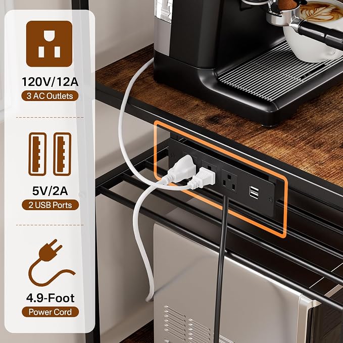 Portin Mini Fridge Stand Coffee Bar Cabinet with Power Outlet | 7 Tier Shelf with S-Hooks, Kitchen Bakers Rack, Fit microwave, toaster, kitchen utensils, and beverages, for Dorm,Office