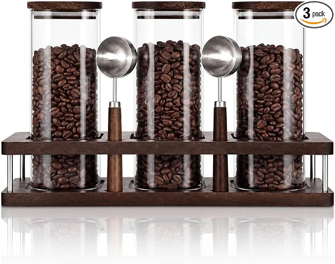 Suclain 3 Pcs 34 oz Glass Coffee Grounds Container with Shelf Glass Coffee Bean Storage Canisters with Airtight Lid and Measuring Spoon Food Storage Jars for Kitchen Sugar (Delicate Style)