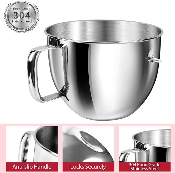 7QT Stainless Steel Mixer Bowl for Kitchenaid Stand Mixers, Kitchen Aid Mixing Bowl for 7QT Lift Mixer with Handle, Compatible with KSM70SKXXBK, Dishwasher safe