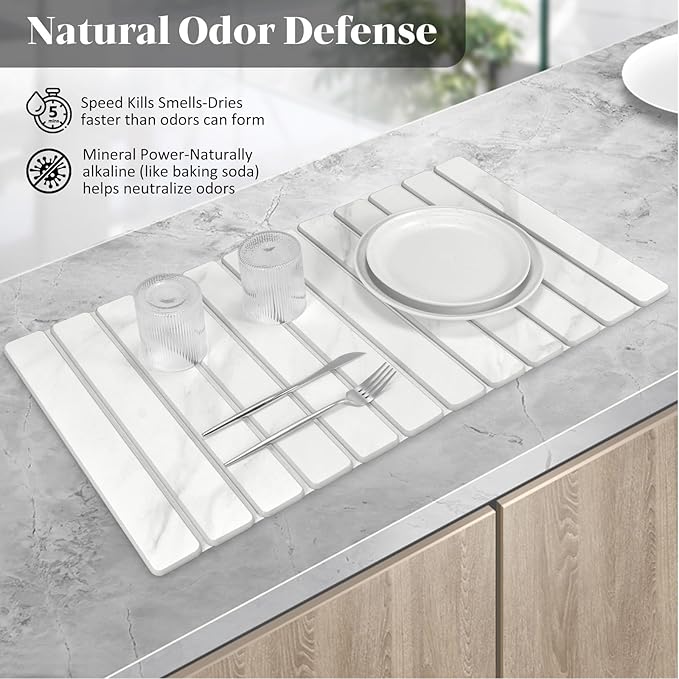 Extra Large Stone Dish Drying Mats for Kitchen Counter, 28"(L)×16"(W) Marble-Pattern Dish Drying Mat, Eco-Friendly Absorbent Diatomaceous Earth Mats for Dishes Bottles, Match Any Countertop