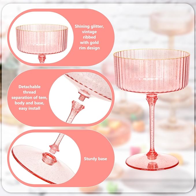 Jingmore Ribbed Martini Glasses 10 oz Disposable Plastic Vintage Ribbed Coupe Glasses with Gold Rim Cocktail Unbreakable Dessert Parfait Glassware for Wedding Party Supplies(Pink,24 Pcs)