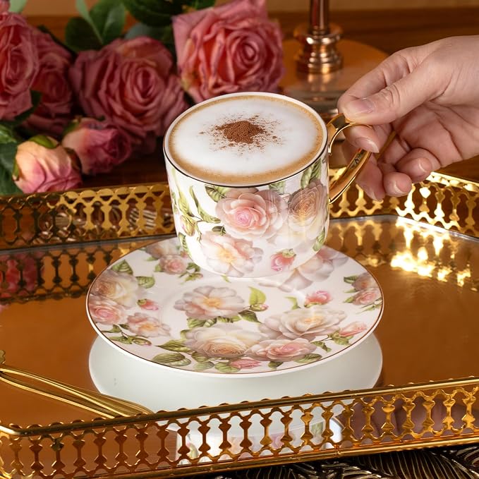 KAMMAK Tea Cups and Saucers Set of 2, Porcelain Coffee Cups, Stackable Espresso Mugs, Ceramic Demitasse for Coffee, Cappuccino, Latte, Americano, Tea, White Rose