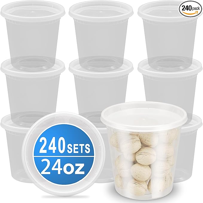 240 Sets 24oz Deli Food Storage Containers, Plastic Takeout Deli Cups for Meal Prep Leftover, Reusable Round Soup Containers with Lids, BPA Free, Stackable, Leakproof, Microwave and Freezer Safe