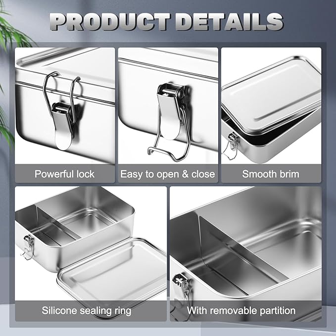Umigy 1 Pcs Stainless Steel Food Containers 1400ml Metal Bento Lunch Box Stainless Steel Food Storage Containers, Lockable Clips to Leak Proof, Reusable Dishwasher Snack Boxes for Work