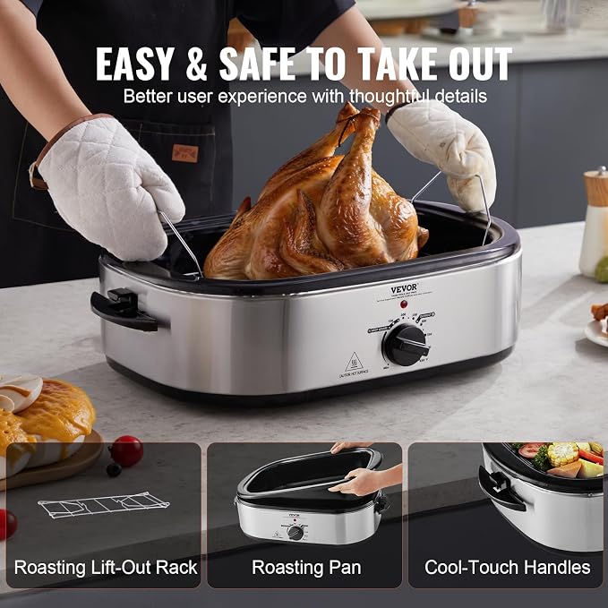 VEVOR Electric Roaster Oven with Defrost & Warm Function, 18 QT Turkey Roaster Oven with Self-Basting Lid, 1450W, Adjustable Temperature, Removable Pan & Rack, Fits Turkeys Up to 22LBS