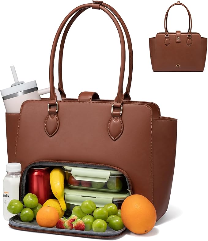 LOVEVOOK Lunch Tote Bag for Women, 2-in-1 Work Tote Bag with Lunch Compartment, Insulated Lunch Bag & 15.6 Inch Laptop Bag for Women, Ideal for Teacher, Nurse and Camping Use, Chestnut Brown