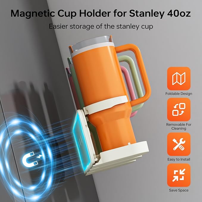 Magnetic Stanley Cup Holder for Fridge, Water Bottle Organizer & Tumbler Rack with Foldable Design for Kitchen, Stanley Cup 40 oz Accessories, Ideal Gifts 2PCS (White)
