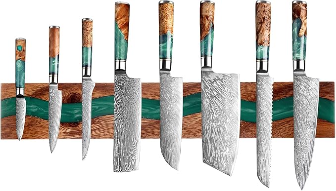 Magnetic Knife Holder, 15.7 Inch Walnut Wood and Resin Magnetic Knife Bar for Wall, Heavy Duty Magnet Holds 8 Knives, Handcrafted Deep Green (Emerald Enchant)