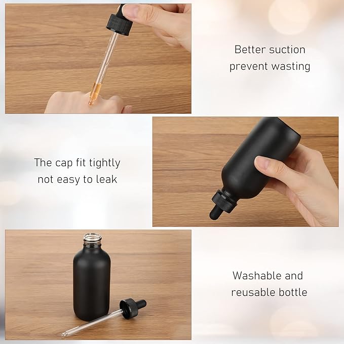 Epakh 50 Pack 4oz Glass Dropper Bottles, Refillable Glass Eye Dropper Bottles with Pipette for Essential Oils, Perfumes, Lab Use, Cuticle Oils, Tinctures, Travel, Home(Black)
