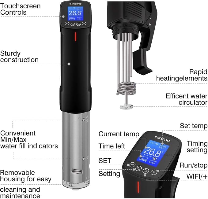 INKBIRD WIFI Sous Vide Cooker ISV-100W, 1000 Watts Sous Vide Machine Immersion Circulator with 14 Free Preset Recipes on APP & Calibration Function, Thermal Immersion, Fast-Heating with Timer