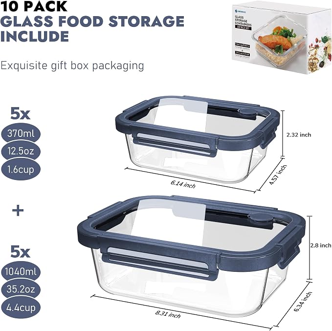 10-Pack Glass Food Storage Containers with Tempered Glass Lids – Borosilicate, Airtight, Oven-Safe (-4°F~950°F), BPA-Free, 4.4 & 1.6 Cup, Leak-Proof, Dishwasher Safe (Blue)