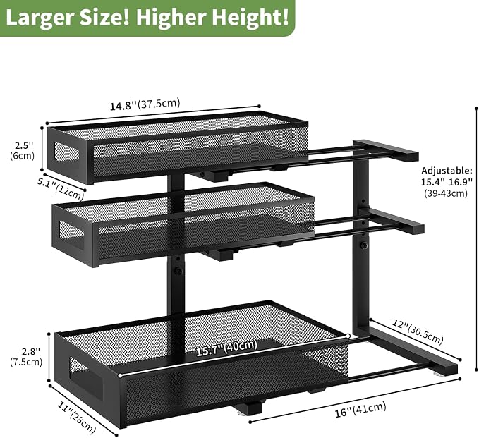 3-Tier Under Sink Organizer,2 Pack Height Adjustable Pull Out Cabinet Organizer Shelf, Thickened Metal Slide out Storage Drawer Rack for Bathroom Laundry Room Kitchen Pantry Organization (Black)