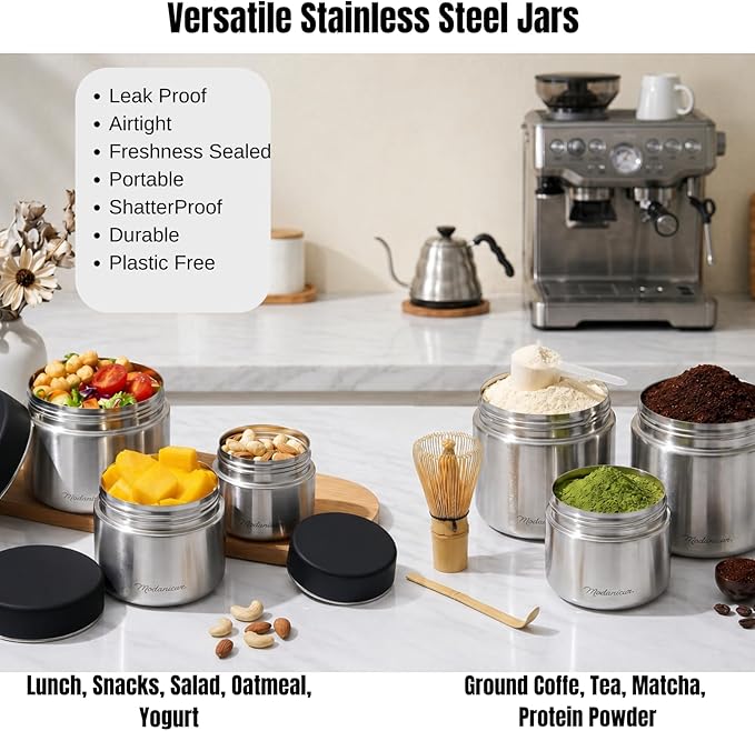 Modaniam Stainless Steel Lunch Containers, Food Jar Travel Containers, Snack Containers, Portable Metal Lunch Box For Yogurt, Oatmeal, Leak Proof, Vanilla - Set of 3 8OZ+16 OZ+ 24 OZ