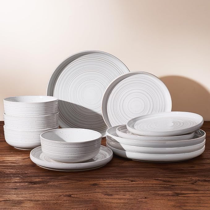 12-Piece Reactive Glaze Stoneware Dinnerware Sets for 4 - Coupe Plates and Bowls with Speckles & Spirals - Chip & Scratch Resistant, Microwave & Dishwasher Safe, Modern Rustic, White