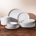 12-Piece Reactive Glaze Stoneware Dinnerware Sets for 4 - Coupe Plates and Bowls with Speckles & Spirals - Chip & Scratch Resistant, Microwave & Dishwasher Safe, Modern Rustic, White