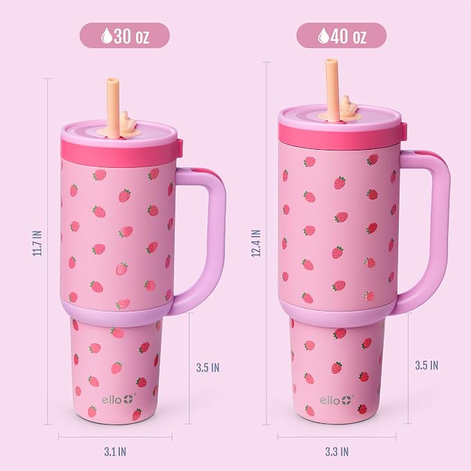 Ello Oasis 30oz Tumbler with Handle & Retracting Straw | Reusable Insulated Stainless Steel Cup 100% Leakproof | Gifts for Teens Women | Keeps Cold for 23 Hours | Cup Holder Friendly | Strawberries