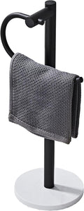 19 Inch Modern Hand Towel Holder Stand with Marble Base, Black Metal, Freestanding Bathroom Counter Towel Rack