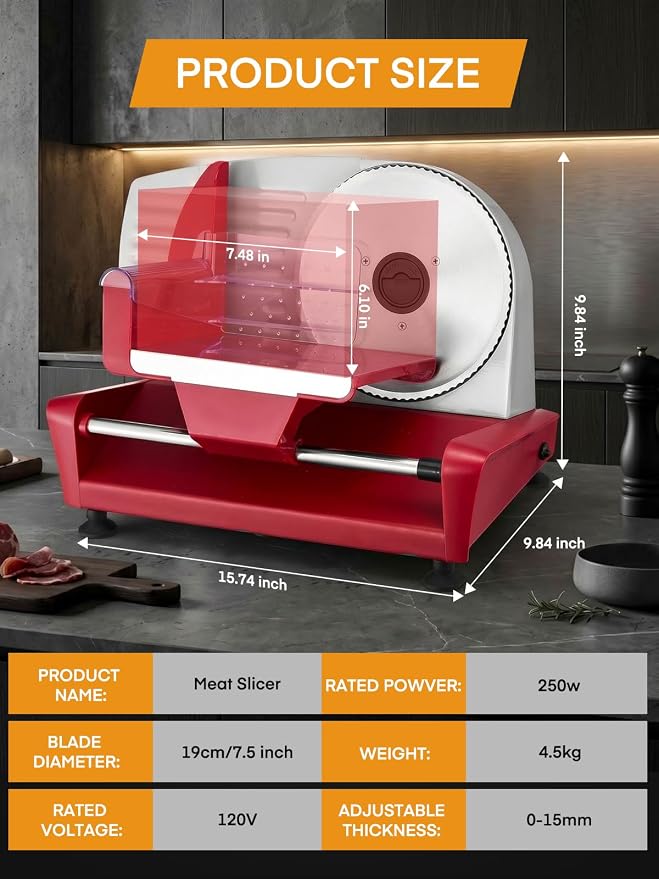FOHERE 250W Meat Slicer Machine for Home, Electric Food Slicer with Stainless Steel Tray & Three 7.5" Stainless Steel Blade, 0-15mm Precise Thickness Deli Meat Slicer for Bread Fruit Vegetable (Red)