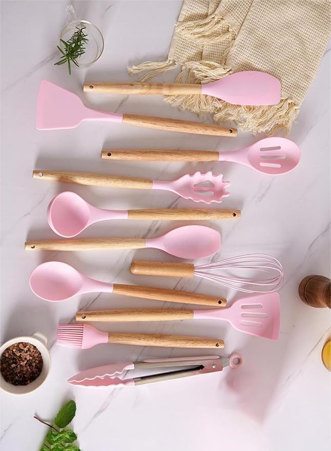 19 Pcs Kitchen Cooking Utensils and Knife Set with Block, with 11 Piece Silicone Cooking Utensils Set 5 Pcs Sharp Stainless Steel Chef Knives Scissors Whisk Tongs and Cutting Board (Cherry Pink)