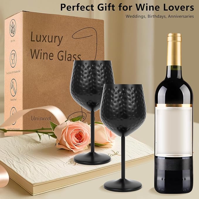 UNISWEET Stainless Steel Wine Glasses Set of 4 Unbreakable (Matte Black) | 17 oz Large-capacity Hammered Goblets, Lightweight & Reusable, Good for Outdoor, Camping, Pool Travel, Gift for Wine Lovers