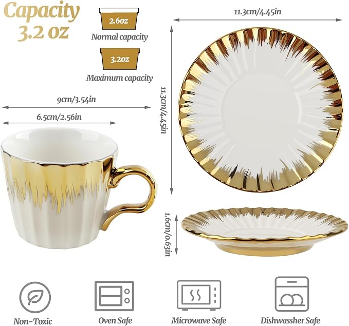 Turkish Coffee Cup Set of 6 with Saucers,3.5oz Ottoman Style Ceramic Tea Cups for Espresso Cappuccino Latte Mocha,White Gold