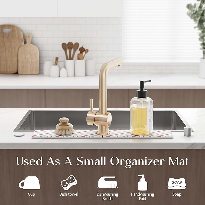 Stone Faucet Mat for Kitchen Sink, Diatomite Drying Stone Mat for Kitchen Counter, Prevent Moisture – Sink Splash Guard for Holiday Gift Home Decor (Red/Green, 23.6" x 3.9")