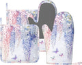 Oven Mitts and Pot Holders Botanical Flower Butterfly Silicone Kitchen Accessories Set of 4 Heat Resistant Long Gloves Potholder Non-Slip Grip for Chef Cooking Baking Grilling BBQ