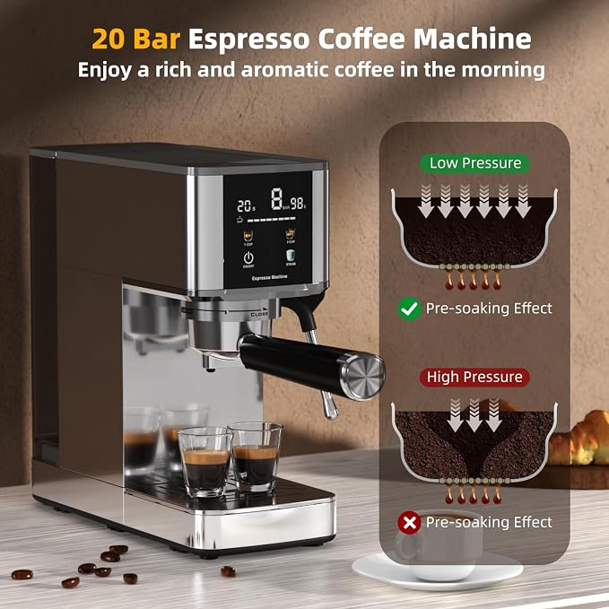 Crzoe Espresso Machine 20 Bar, 3-Second Heat for Rapid Cold Brew, Built-in Steam Wand for Lattes, Touch Screen, 40oz Tank, Gift for Coffee Lovers