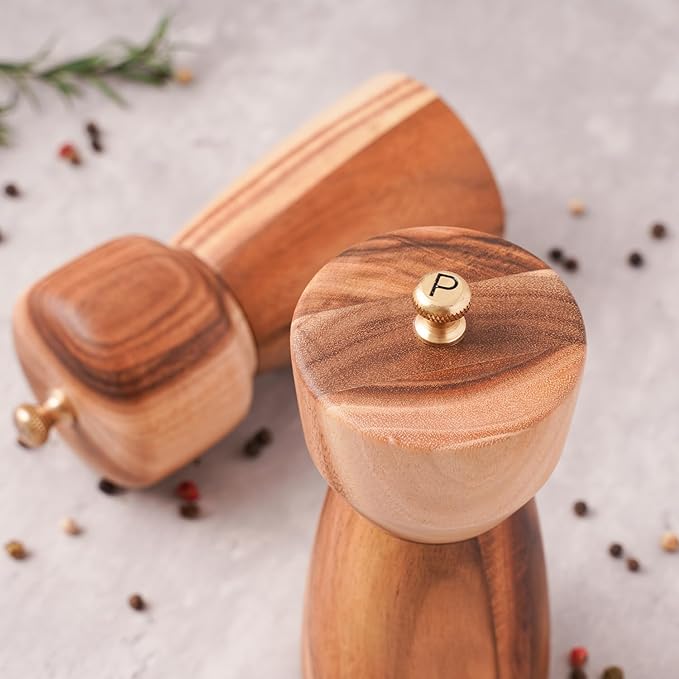 Salt and Pepper Grinder Set with Tray, Adjustable Ceramic Grinder Salt Mill, Stainless Steel Grinder Pepper Mill, Acacia Wood, 5 inch /14cm Height, Bottom Dia 2.36inch/6cm (Tray is Included)