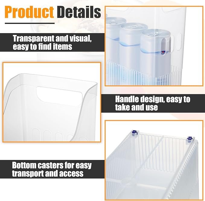Qunclay 6 Plastic Freezer Organizer Bins with Wheel Set Clear Tall Narrow Kitchen Pantry Organizer Snack Storage Containers for Office Refrigerator(10 x 13.3 x 3.5 Inches)
