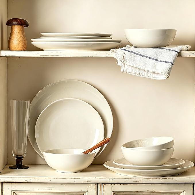 Ceramic Dinnerware Sets for 4,12 Pieces Plates and Bowls Sets, Plates Pasta Bowls Soup Bowls, Modern Stoneware Dishes, Reaction Glaze (White)