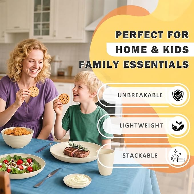 16 Piece Wheat Straw Dinnerware Sets for 4, Unbreakable Dish Set,Reuseable Toddler Plates and Bowls Sets for 4, Lightweight Kitchen Dishware Set for Camping, Picnic Kids Dish Set - Beige