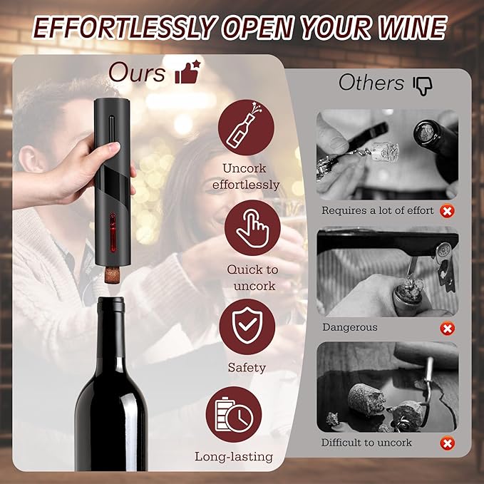 6-in-1 Electric Wine Bottle Opener Set, Cordless Rechargeable Wine Opener with Charging Base, Foil Cutter, Aerator Pourer & Stopper - Perfect Wine Gift Set for Wine Lovers
