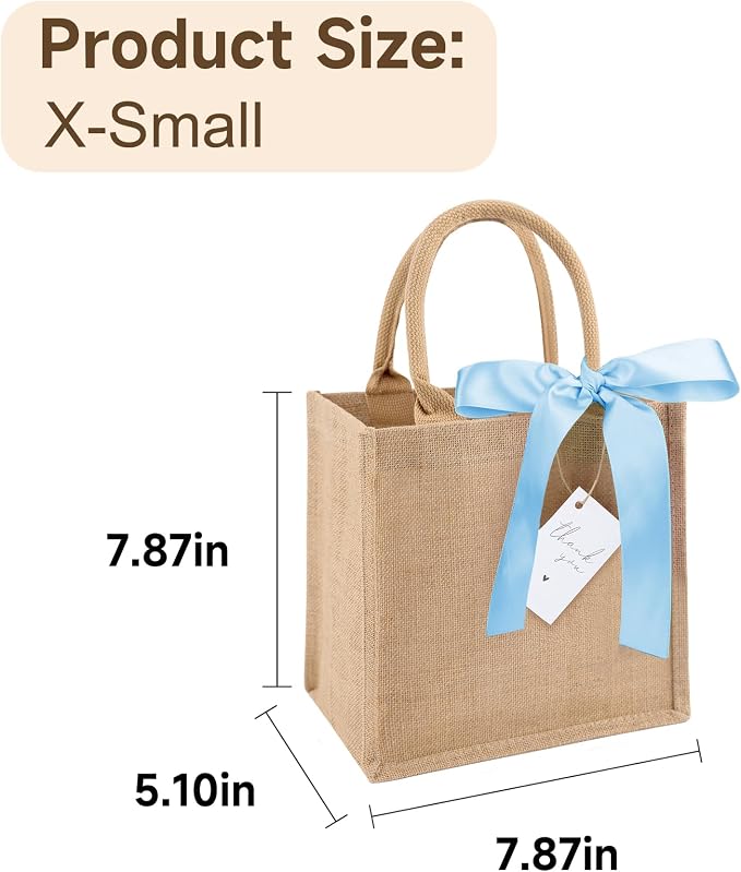 6 Pack Burlap Tote Bags with Handles Reusable Mini Jute Gift Bags with Blue Silk Ribbons Waterproof Lining for Wedding Bridesmaid Mother's Day Bachelorette Beach Party